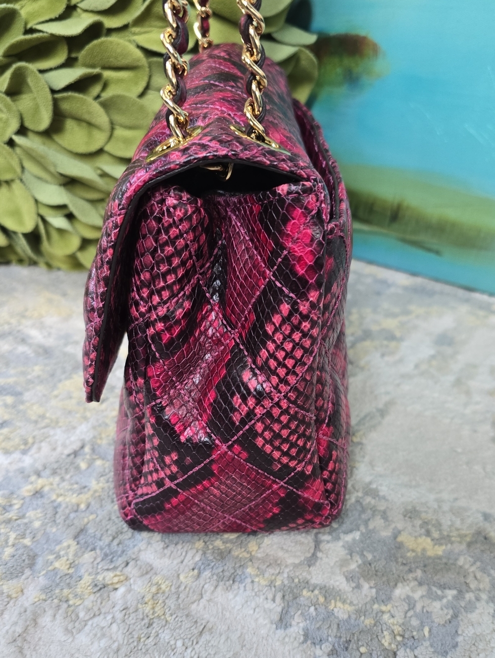 Michael Kors Sloan Fuchsia Quilted Snake Print Leather Chain Shoulder Bag - Picture 7 of 17